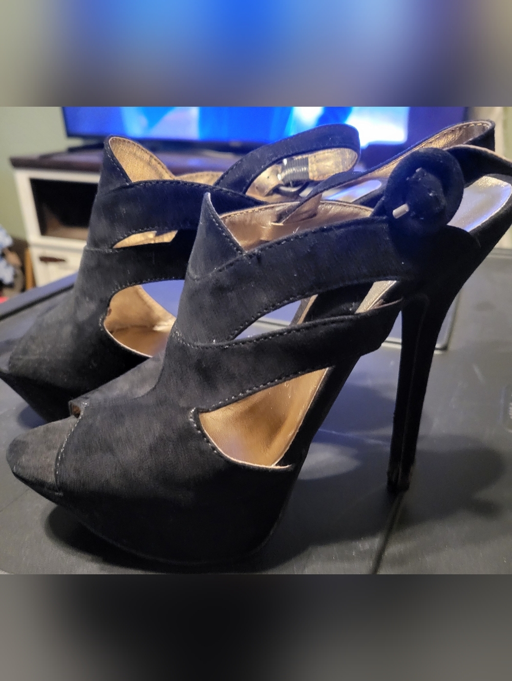 Qupid Black Suede Cutout Peep-Toe Stiletto Heels